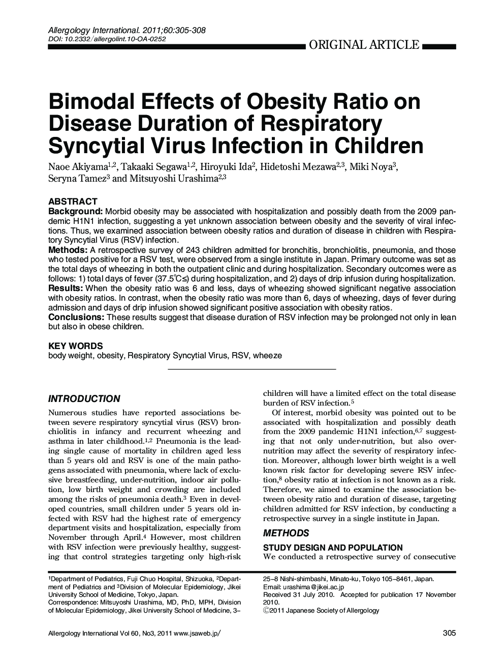 Bimodal Effects of Obesity Ratio on Disease Duration of Respiratory Syncytial Virus Infection in Children