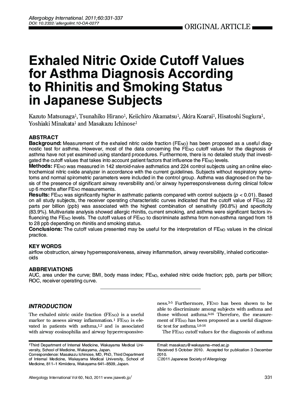 Exhaled Nitric Oxide Cutoff Values for Asthma Diagnosis According to Rhinitis and Smoking Status in Japanese Subjects