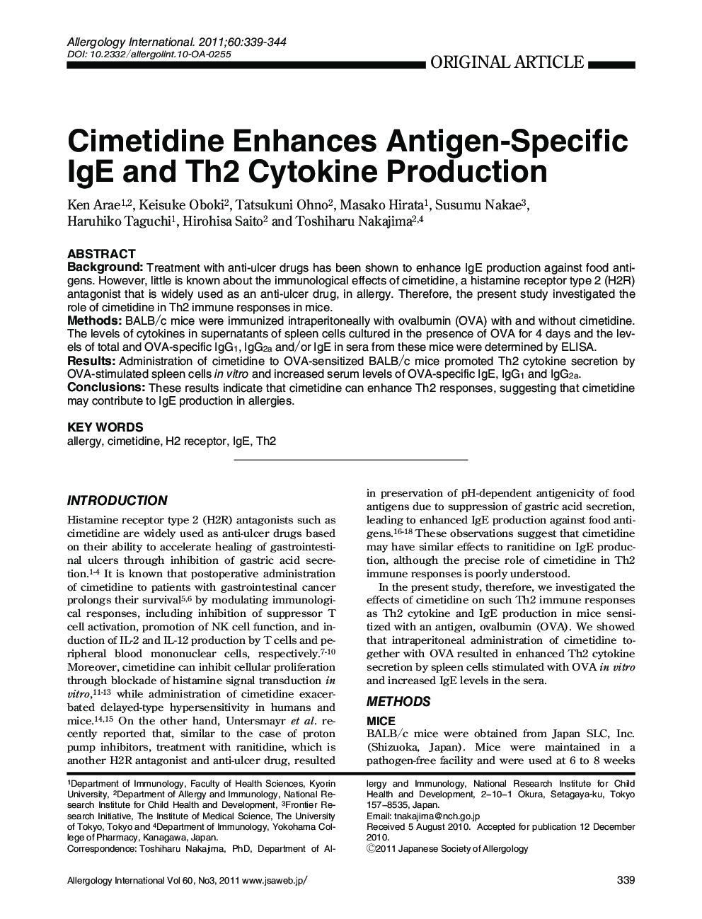 Cimetidine Enhances Antigen-Specific IgE and Th2 Cytokine Production