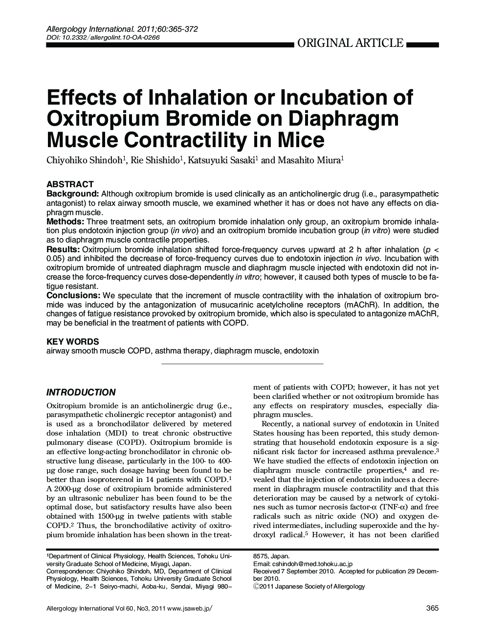 Effects of Inhalation or Incubation of Oxitropium Bromide on Diaphragm Muscle Contractility in Mice