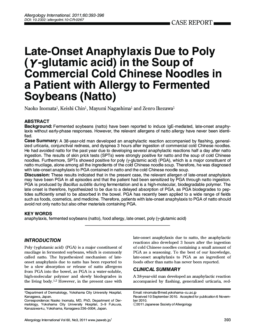 Late-Onset Anaphylaxis Due to Poly (γ-glutamic acid) in the Soup of Commercial Cold Chinese Noodles in a Patient with Allergy to Fermented Soybeans (Natto)