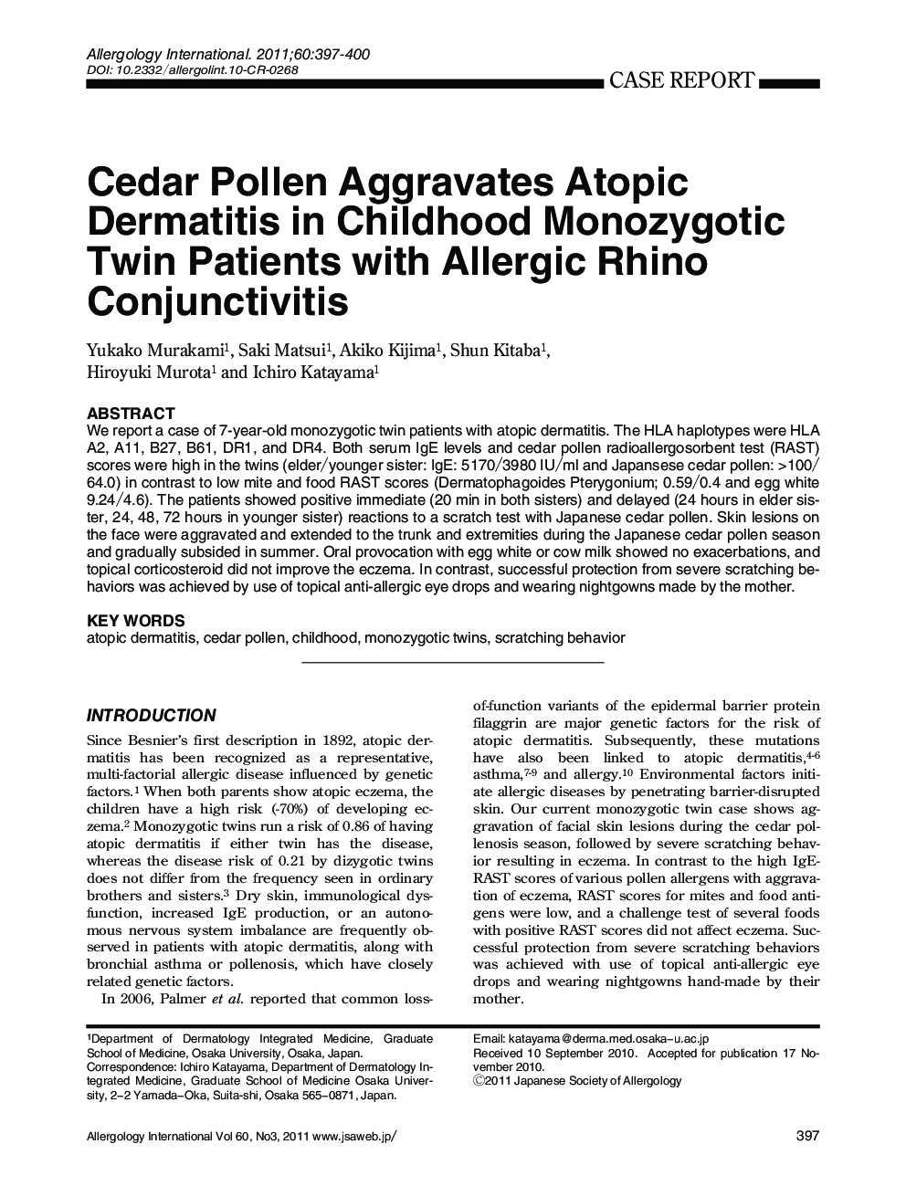 Cedar Pollen Aggravates Atopic Dermatitis in Childhood Monozygotic Twin Patients with Allergic Rhino Conjunctivitis