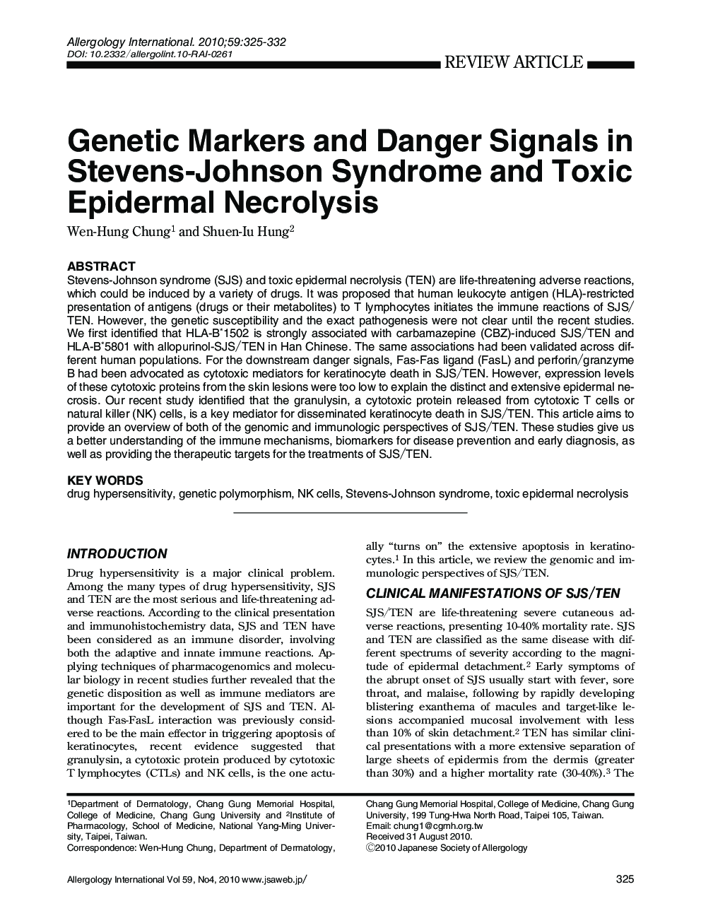 Genetic Markers and Danger Signals in Stevens-Johnson Syndrome and Toxic Epidermal Necrolysis