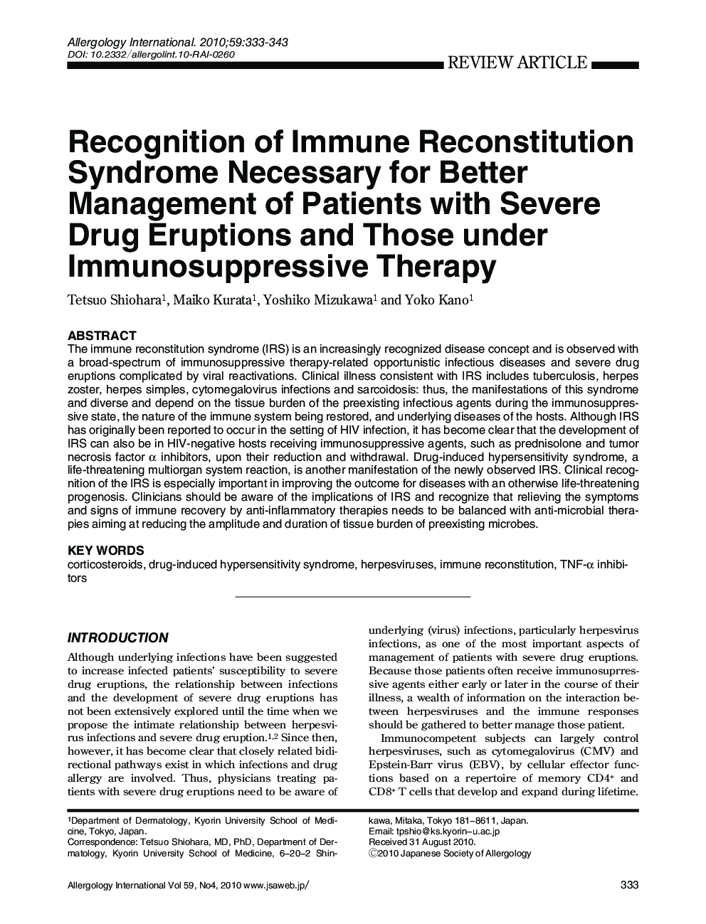 Recognition of Immune Reconstitution Syndrome Necessary for Better Management of Patients with Severe Drug Eruptions and Those under Immunosuppressive Therapy