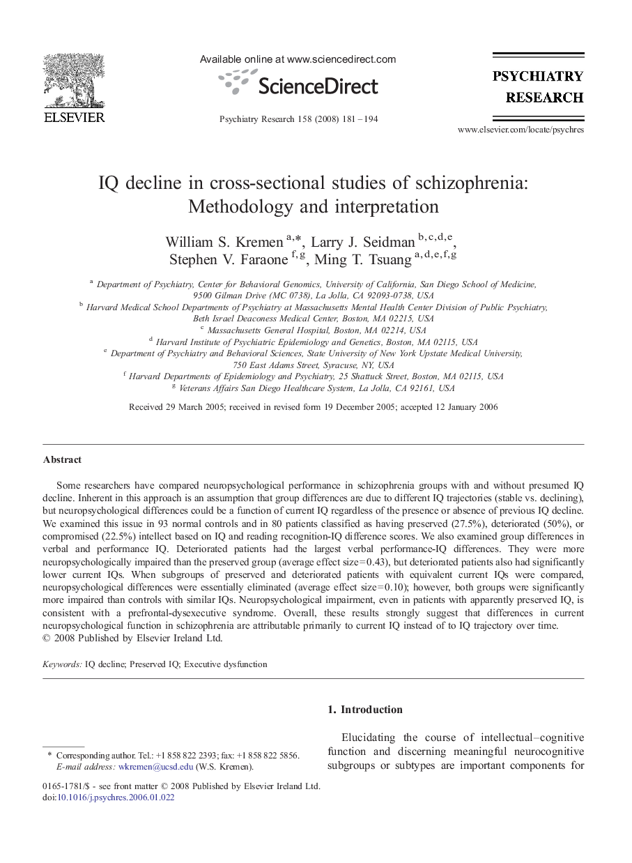 IQ decline in cross-sectional studies of schizophrenia: Methodology and interpretation