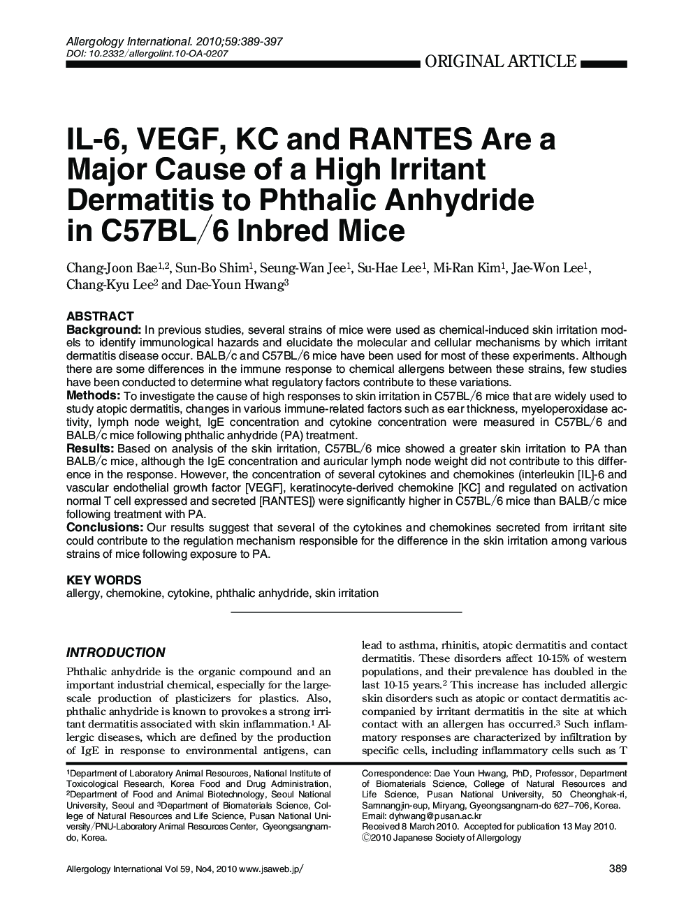 IL-6, VEGF, KC and RANTES Are a Major Cause of a High Irritant Dermatitis to Phthalic Anhydride in C57BL/6 Inbred Mice