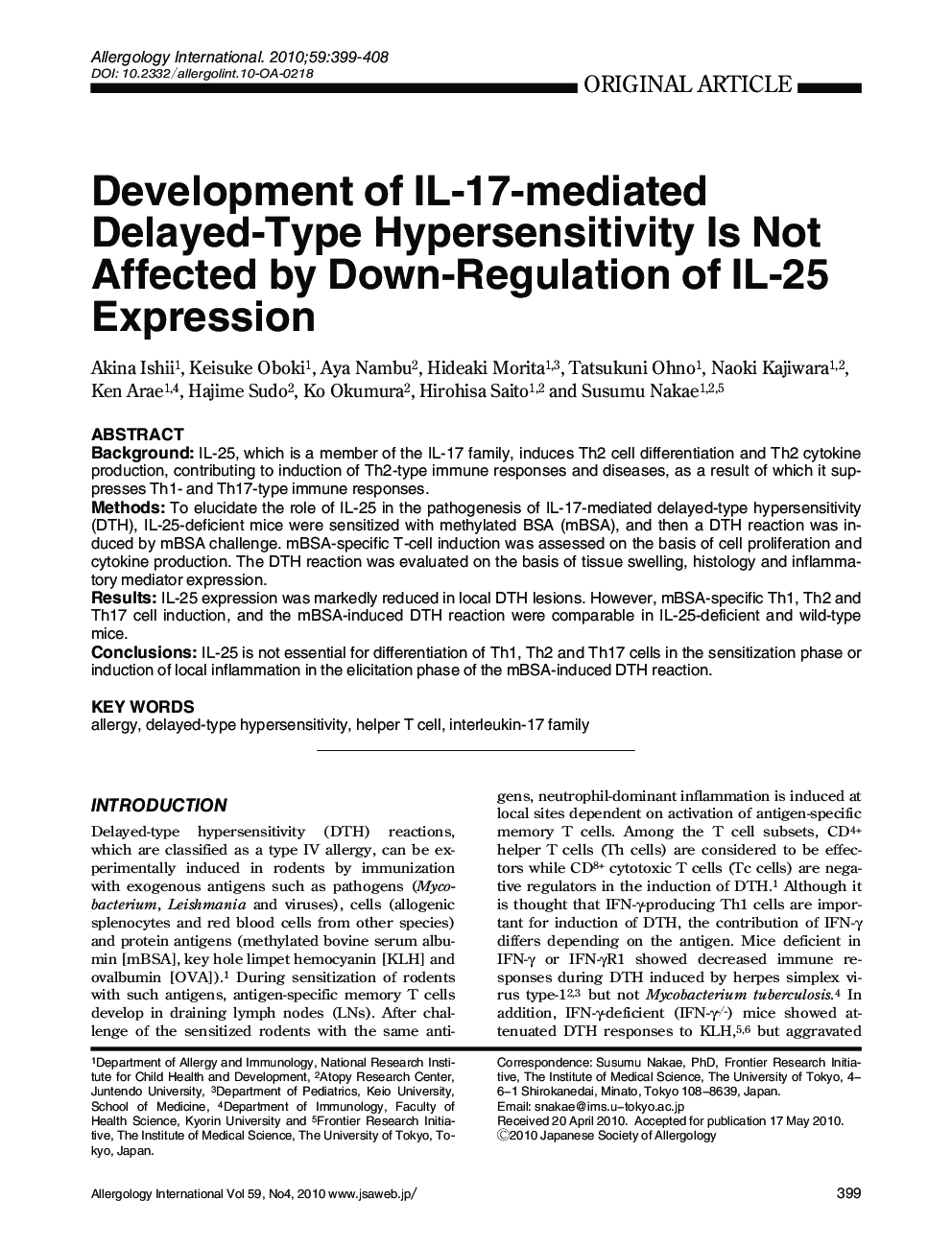 Development of IL-17-mediated Delayed-Type Hypersensitivity Is Not Affected by Down-Regulation of IL-25 Expression