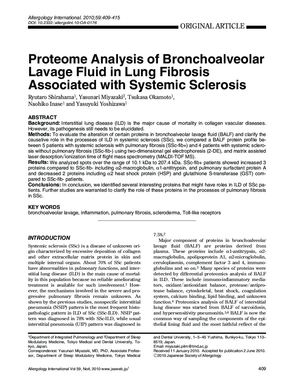 Proteome Analysis of Bronchoalveolar Lavage Fluid in Lung Fibrosis Associated with Systemic Sclerosis