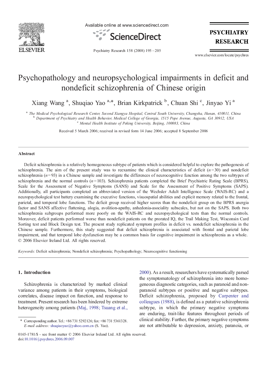 Psychopathology and neuropsychological impairments in deficit and nondeficit schizophrenia of Chinese origin