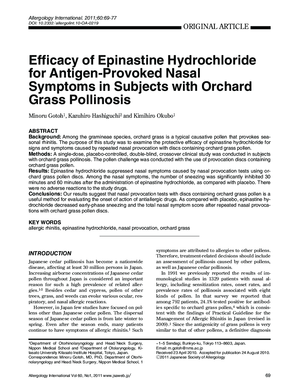 Efficacy of Epinastine Hydrochloride for Antigen-Provoked Nasal Symptoms in Subjects with Orchard Grass Pollinosis