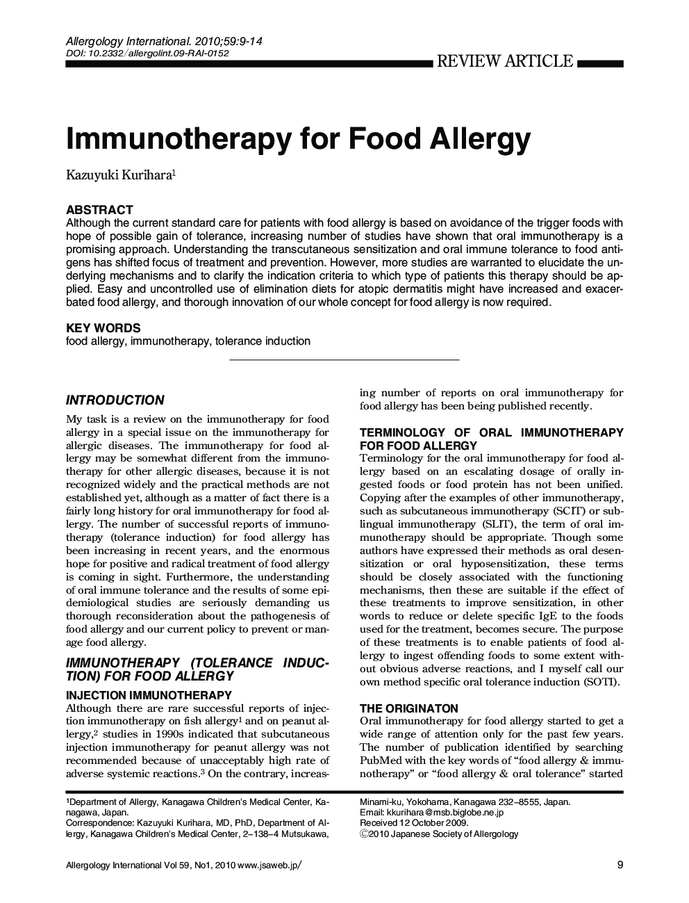 Immunotherapy for Food Allergy