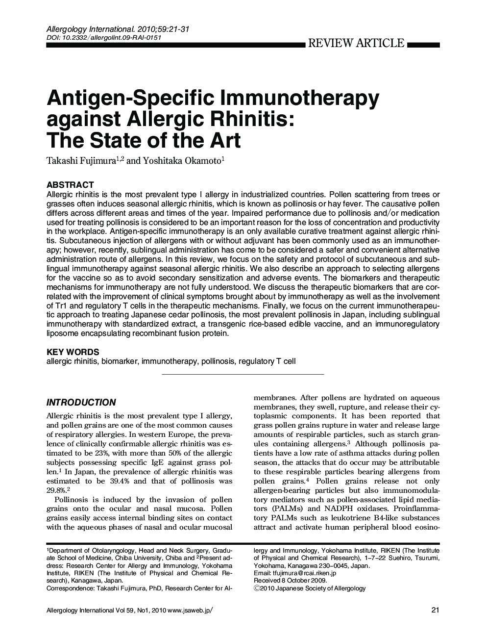 Antigen-Specific Immunotherapy against Allergic Rhinitis: The State of the Art