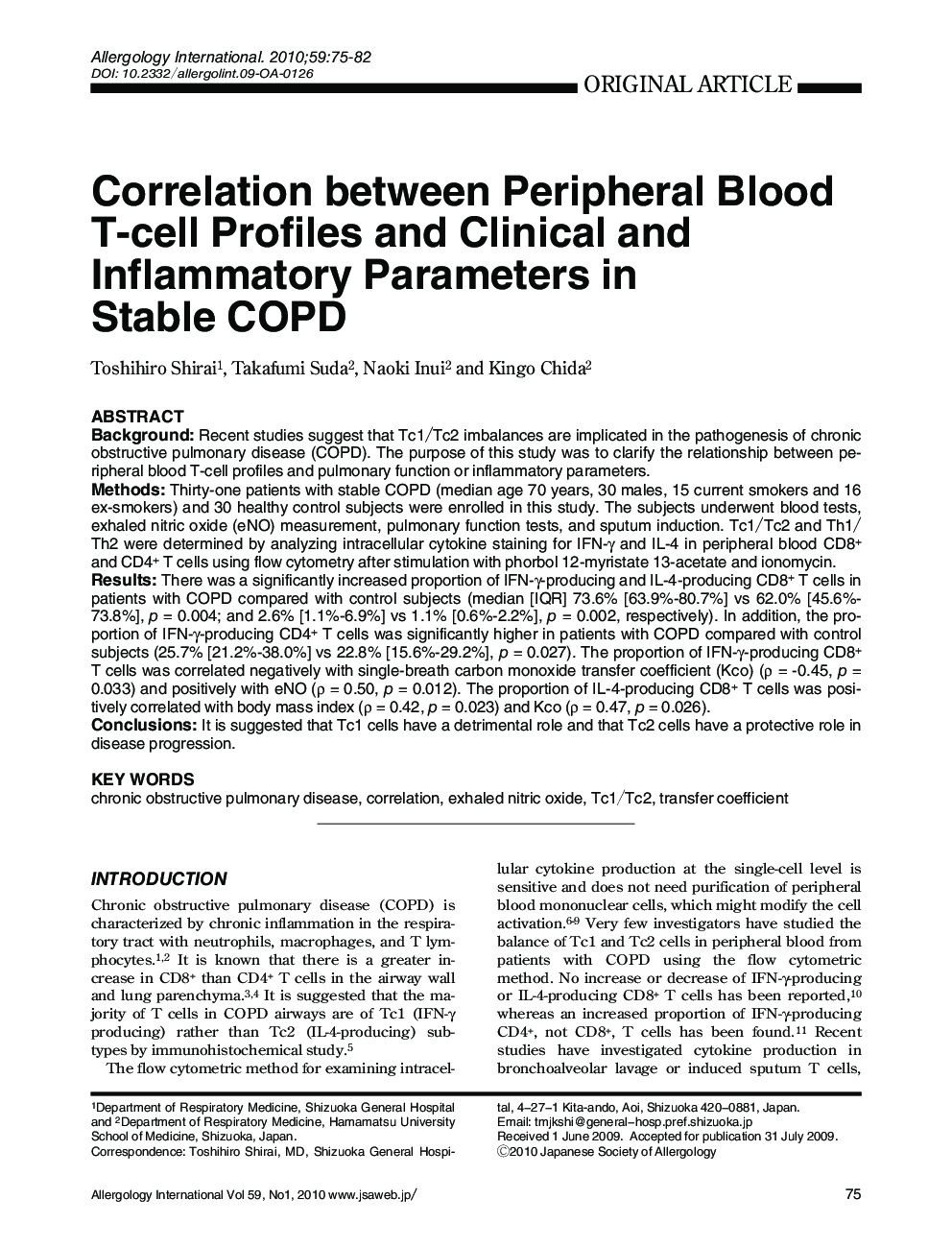 Correlation between Peripheral Blood T-cell Profiles and Clinical and Inflammatory Parameters in Stable COPD