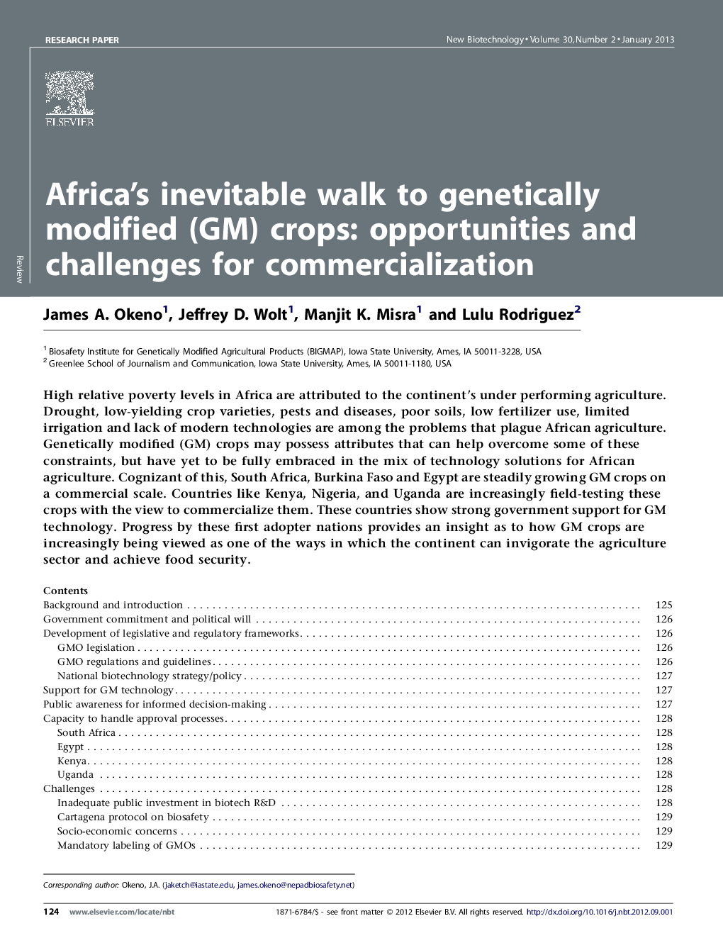عکس صفحه اول مقاله: Africa's inevitable walk to genetically modified (GM) crops: opportunities and challenges for commercialization Africa's inevitable walk to genetically modified (GM) crops: opportunities and challenges for commercialization