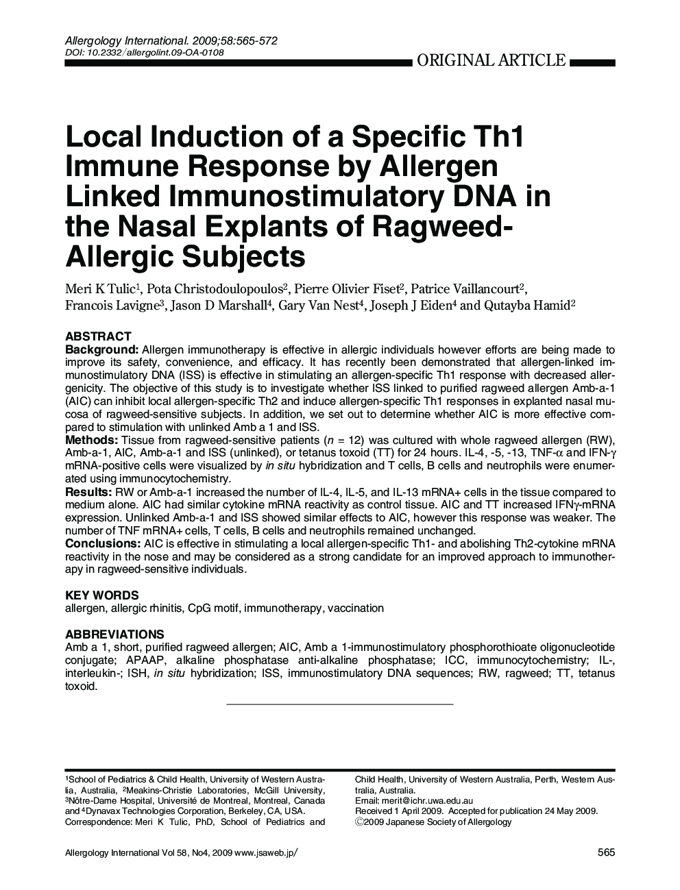 Local Induction of a Specific Th1 Immune Response by Allergen Linked Immunostimulatory DNA in the Nasal Explants of Ragweed- Allergic Subjects