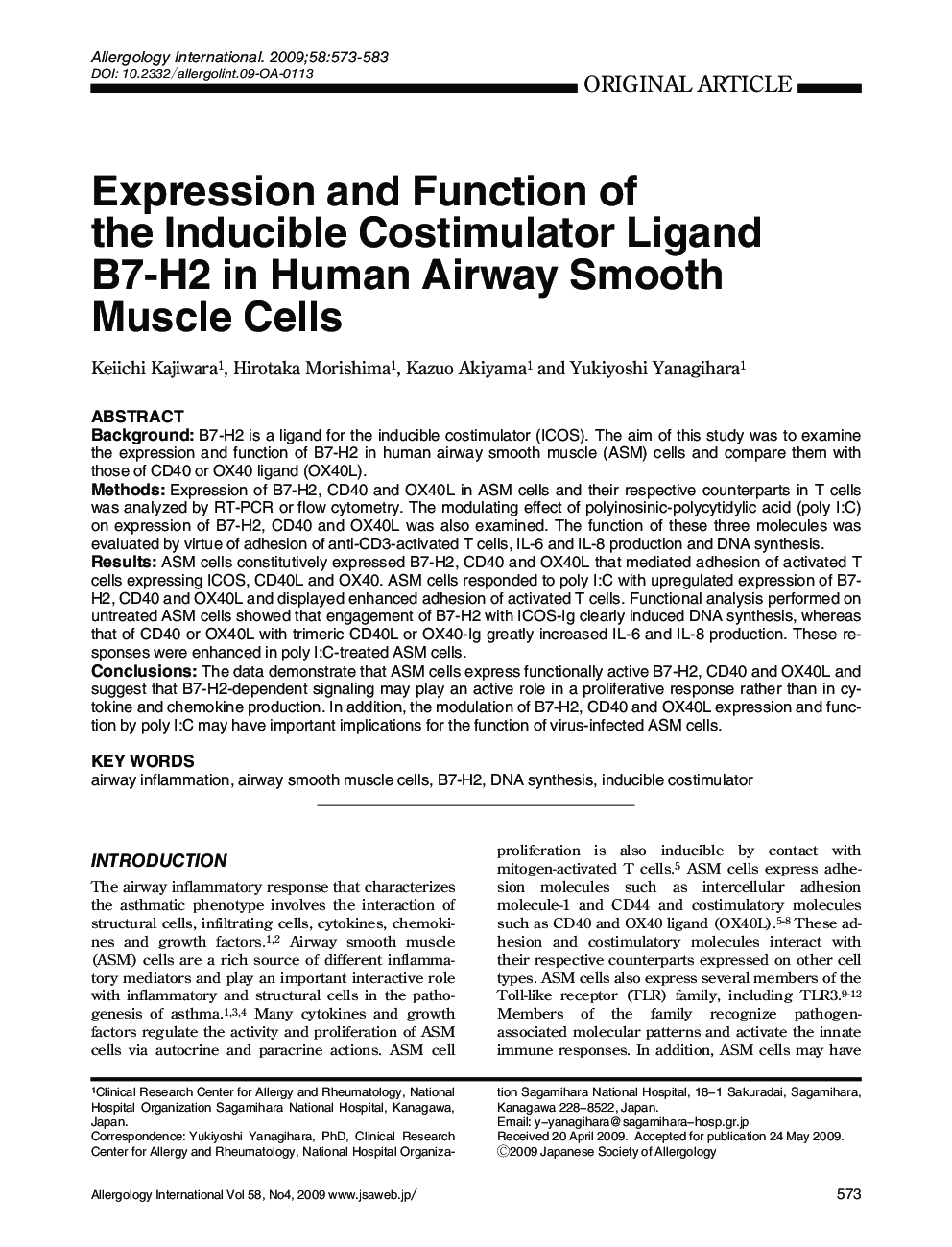 Expression and Function of the Inducible Costimulator Ligand B7-H2 in Human Airway Smooth Muscle Cells