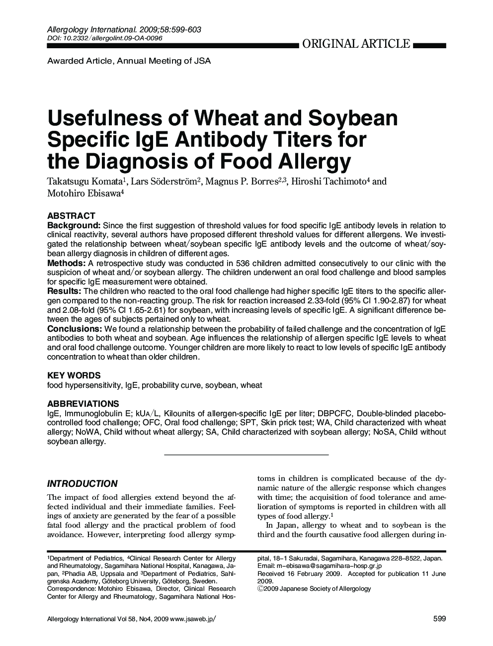 Usefulness of Wheat and Soybean Specific IgE Antibody Titers for the Diagnosis of Food Allergy 