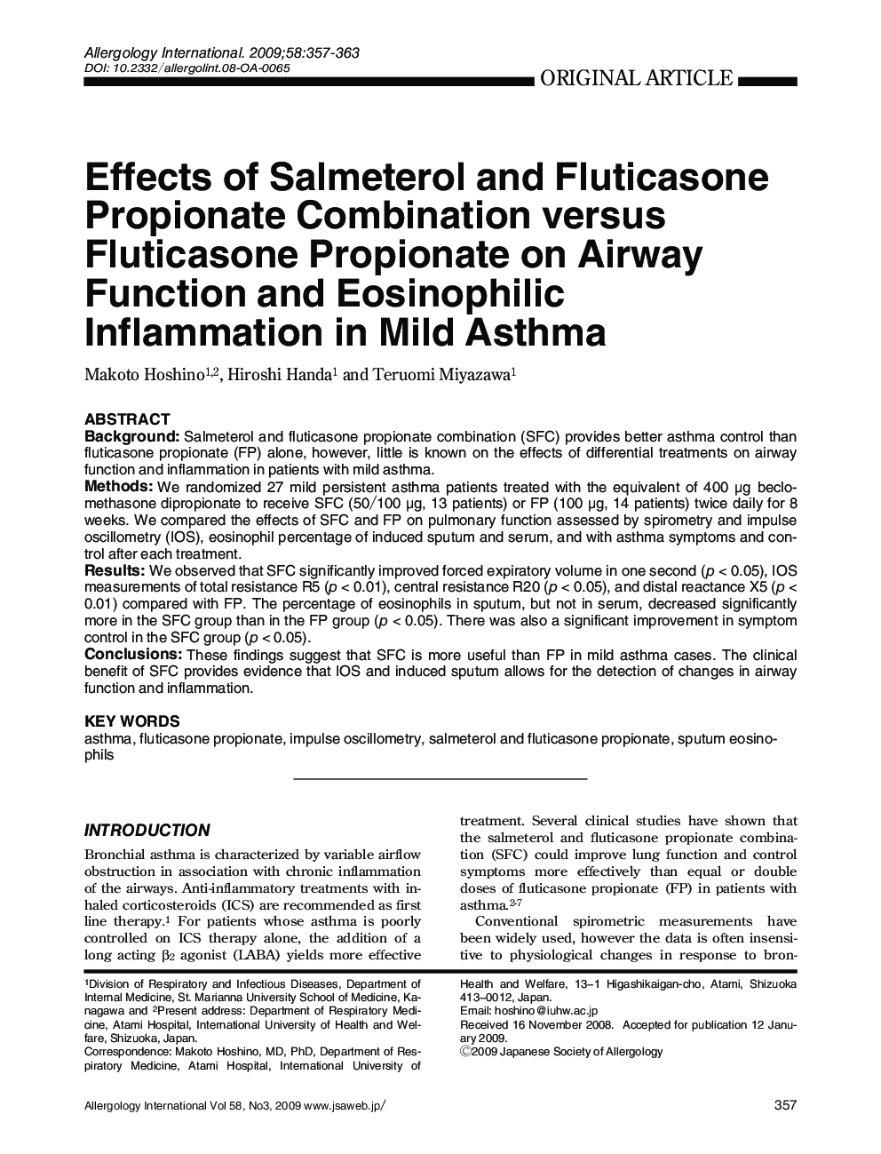 Effects of Salmeterol and Fluticasone Propionate Combination versus Fluticasone Propionate on Airway Function and Eosinophilic Inflammation in Mild Asthma