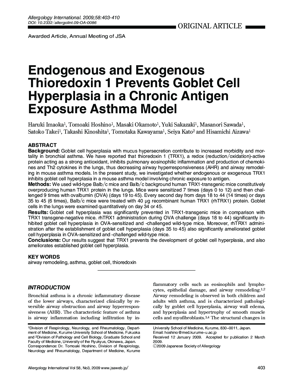 Endogenous and Exogenous Thioredoxin 1 Prevents Goblet Cell Hyperplasia in a Chronic Antigen Exposure Asthma Model 
