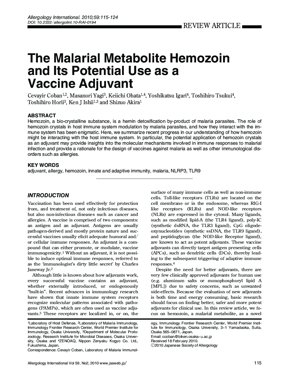 The Malarial Metabolite Hemozoin and Its Potential Use as a Vaccine Adjuvant