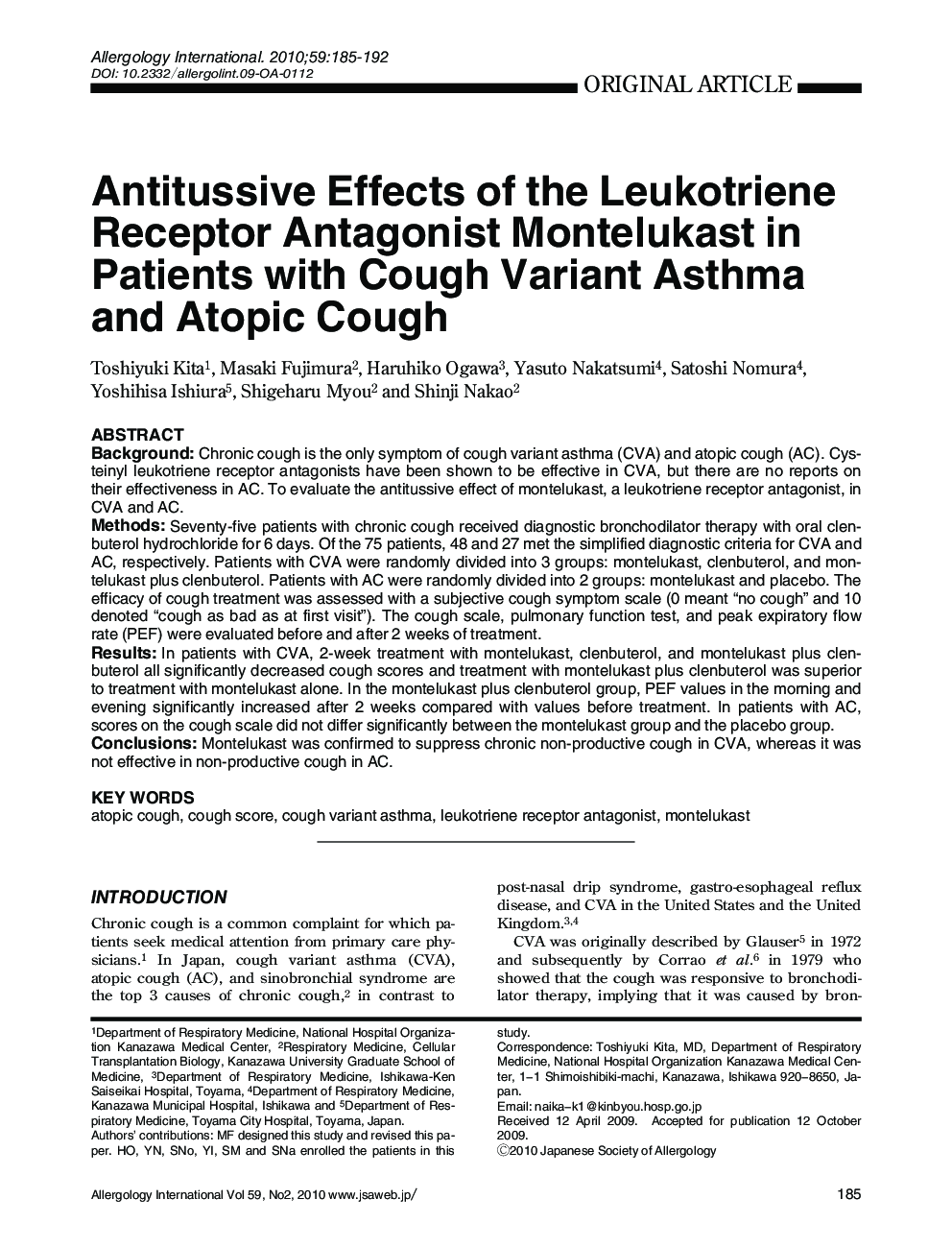 Antitussive Effects of the Leukotriene Receptor Antagonist Montelukast in Patients with Cough Variant Asthma and Atopic Cough