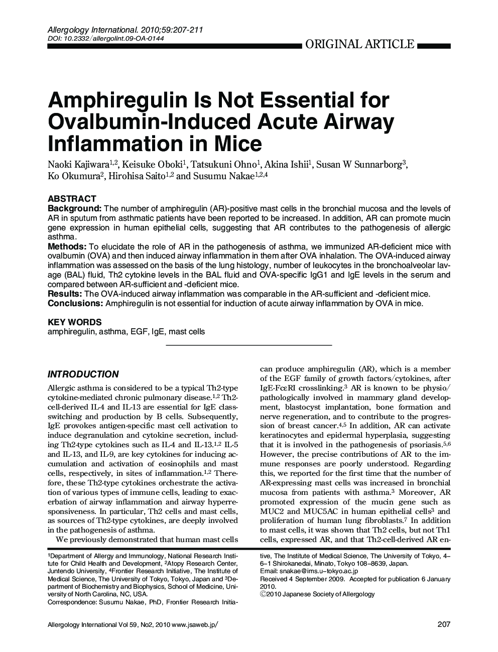 Amphiregulin Is Not Essential for Ovalbumin-Induced Acute Airway Inflammation in Mice