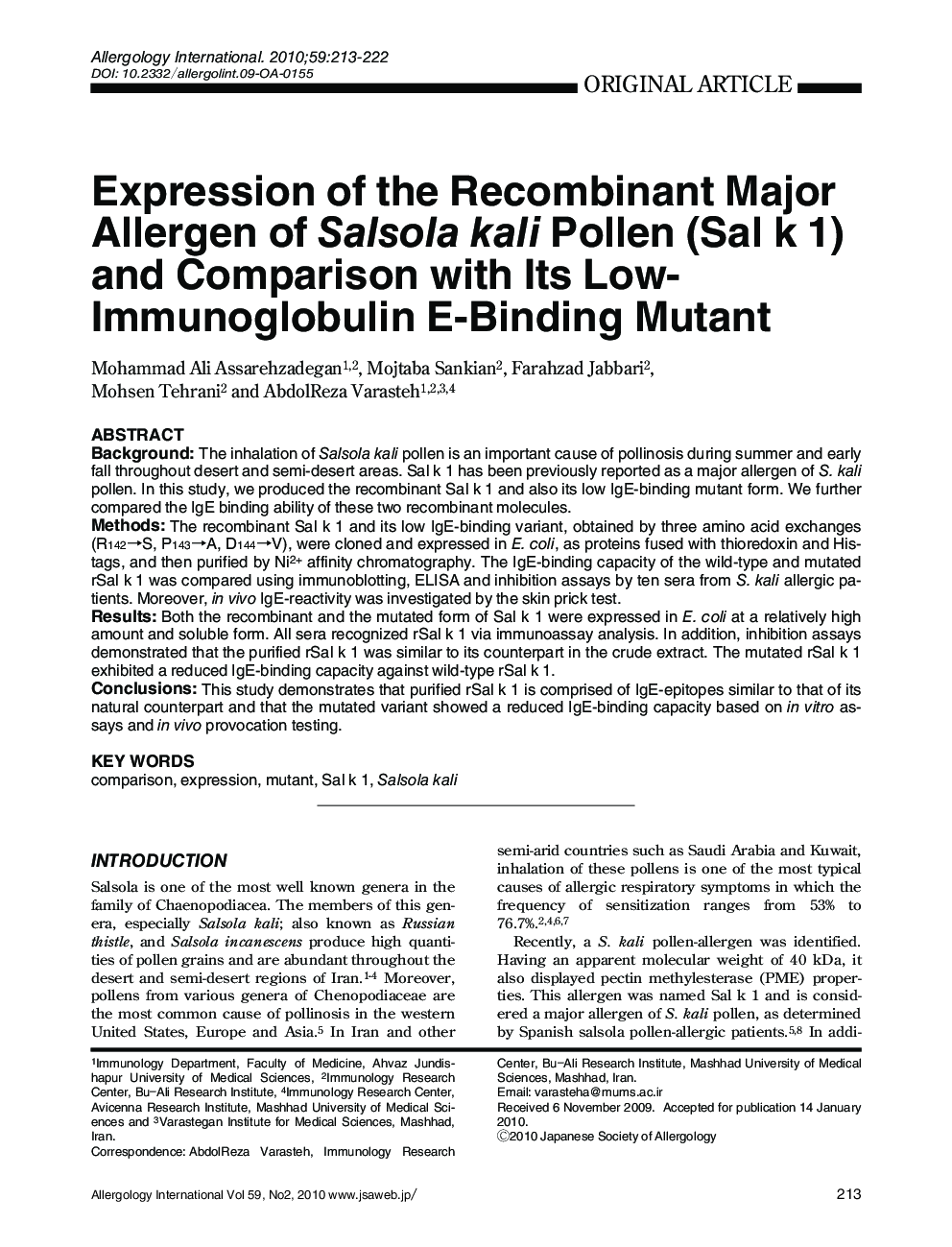 Expression of the Recombinant Major Allergen of Salsola kali Pollen (Sal k 1) and Comparison with Its Low-Immunoglobulin E-Binding Mutant