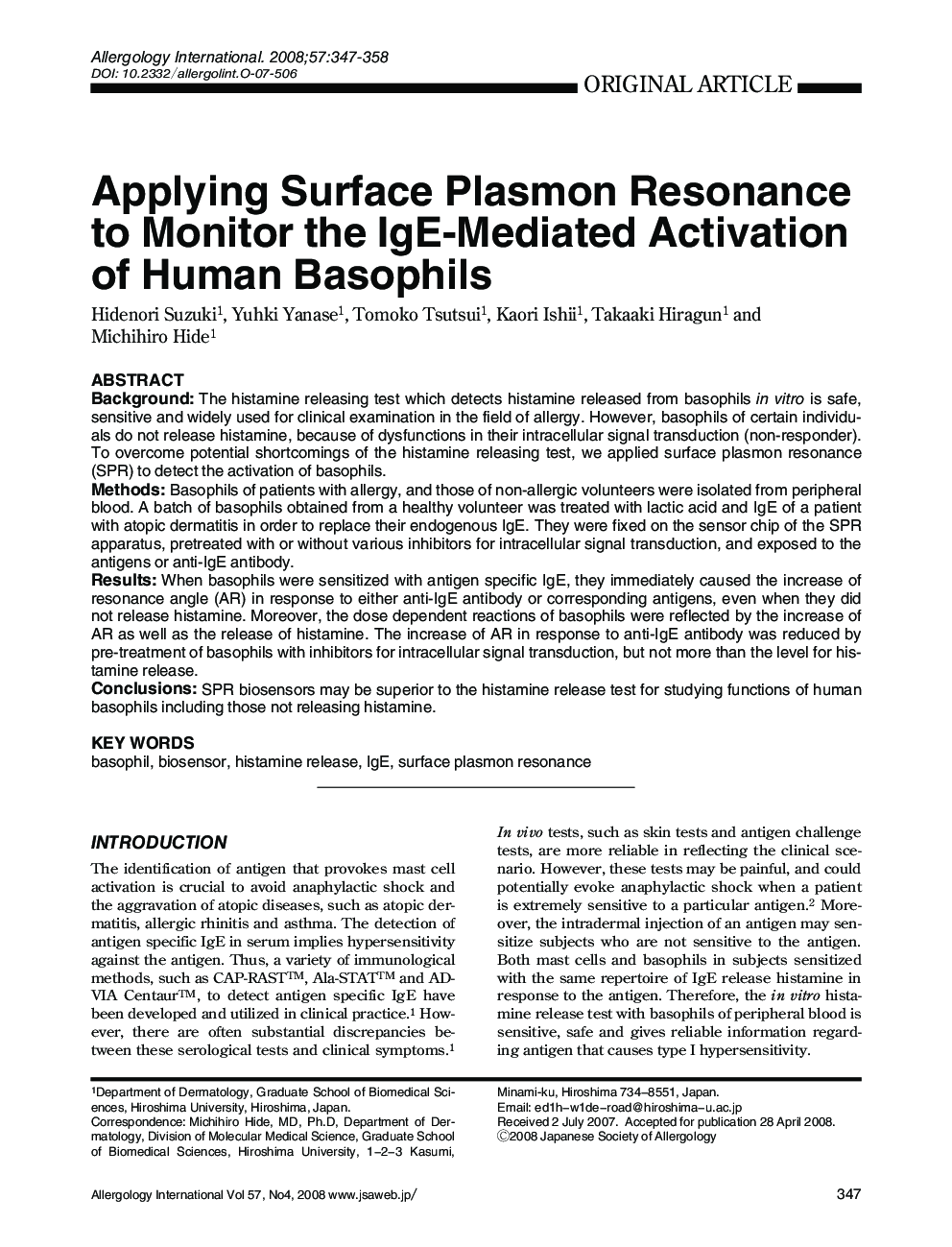 Applying Surface Plasmon Resonance to Monitor the IgE-Mediated Activation of Human Basophils