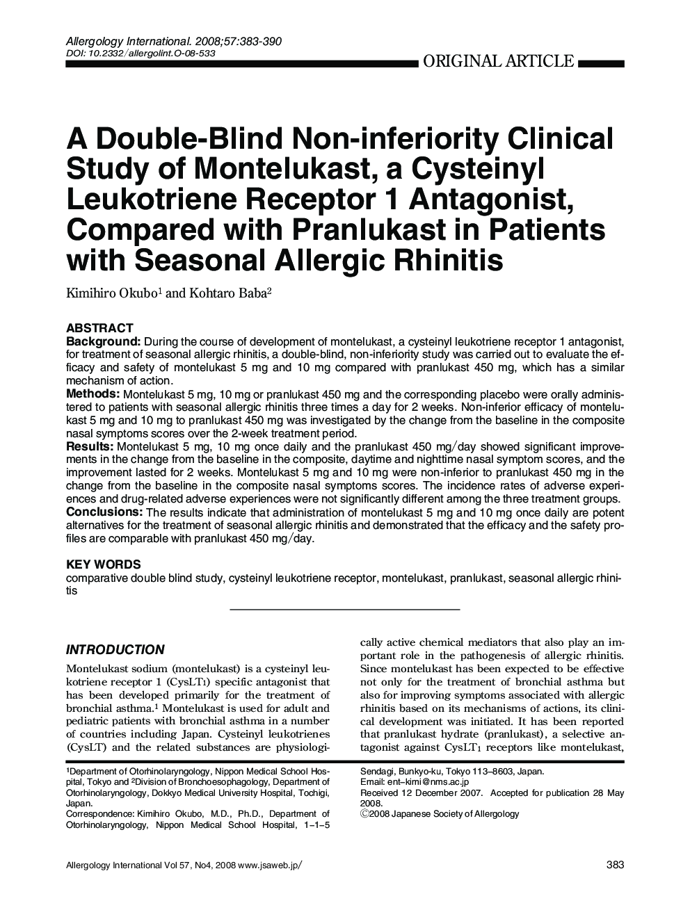 A Double-Blind Non-inferiority Clinical Study of Montelukast, a Cysteinyl Leukotriene Receptor 1 Antagonist, Compared with Pranlukast in Patients with Seasonal Allergic Rhinitis