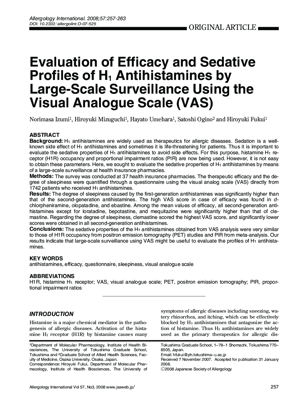 Evaluation of Efficacy and Sedative Profiles of H1 Antihistamines by Large-Scale Surveillance Using the Visual Analogue Scale (VAS)