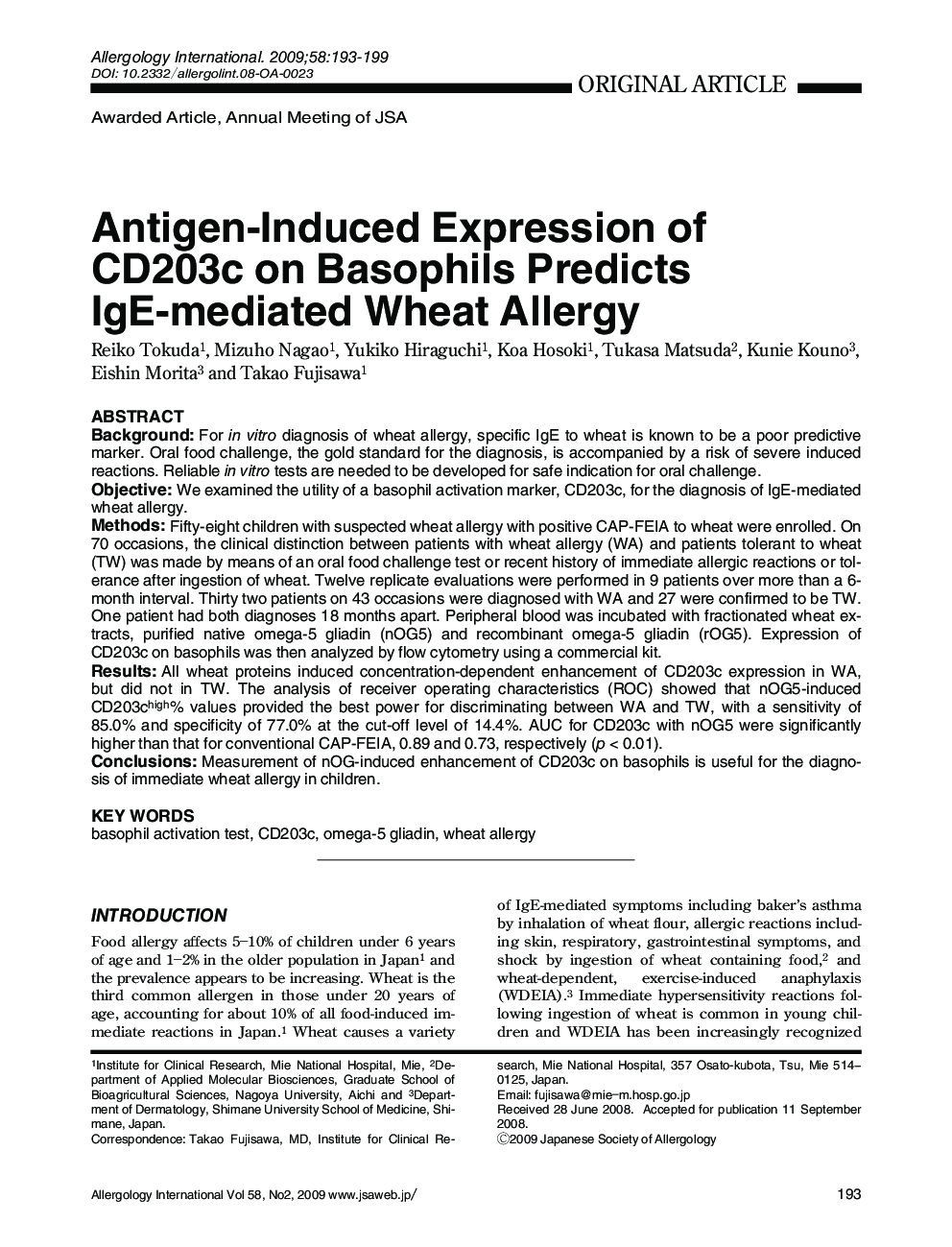 Antigen-Induced Expression of CD203c on Basophils Predicts IgE-mediated Wheat Allergy 