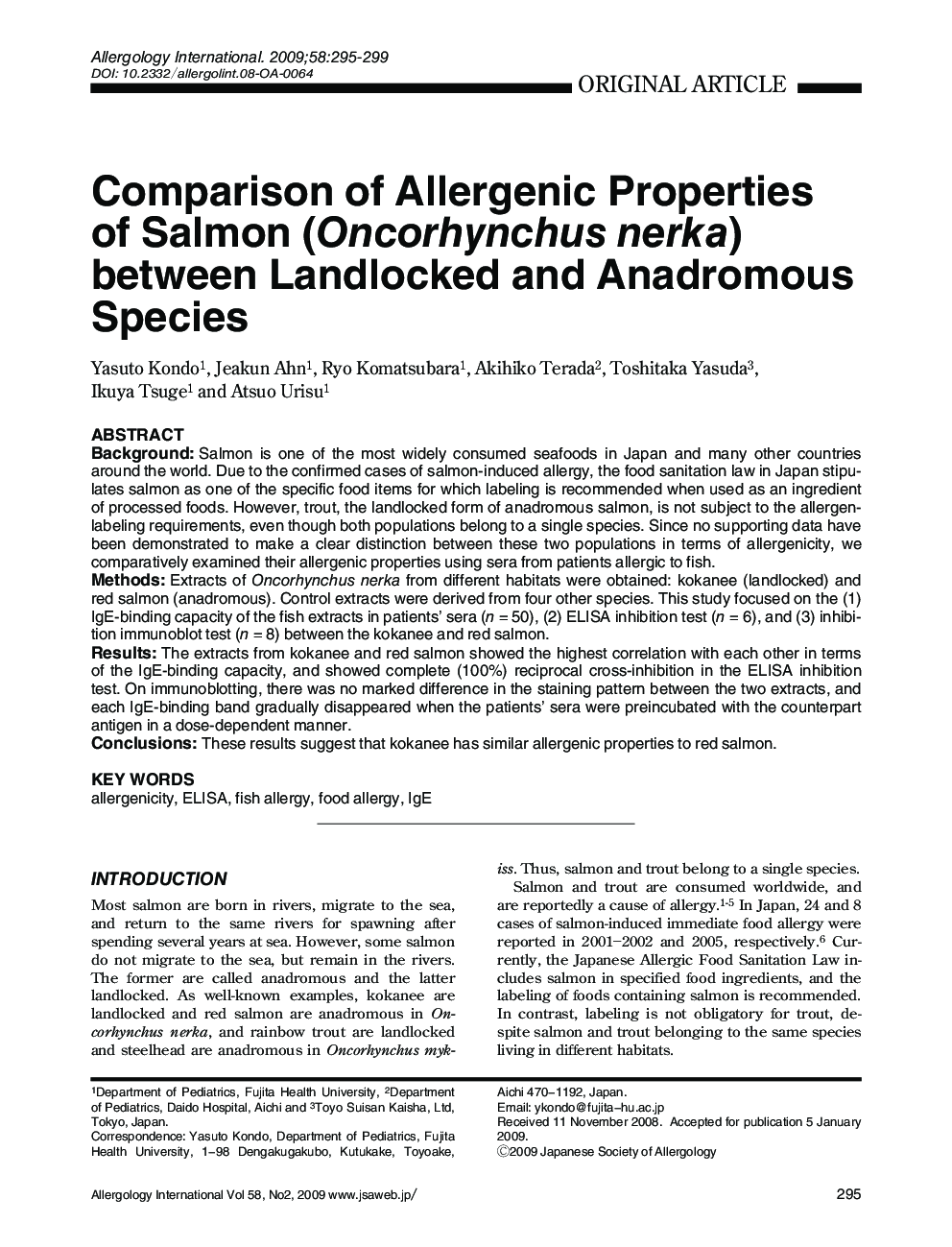 Comparison of Allergenic Properties of Salmon (Oncorhynchus nerka) between Landlocked and Anadromous Species