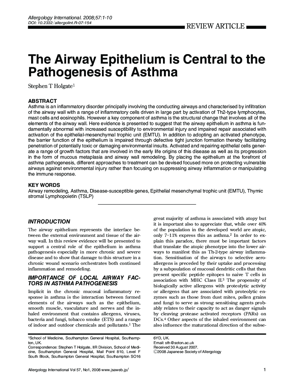 The Airway Epithelium is Central to the Pathogenesis of Asthma