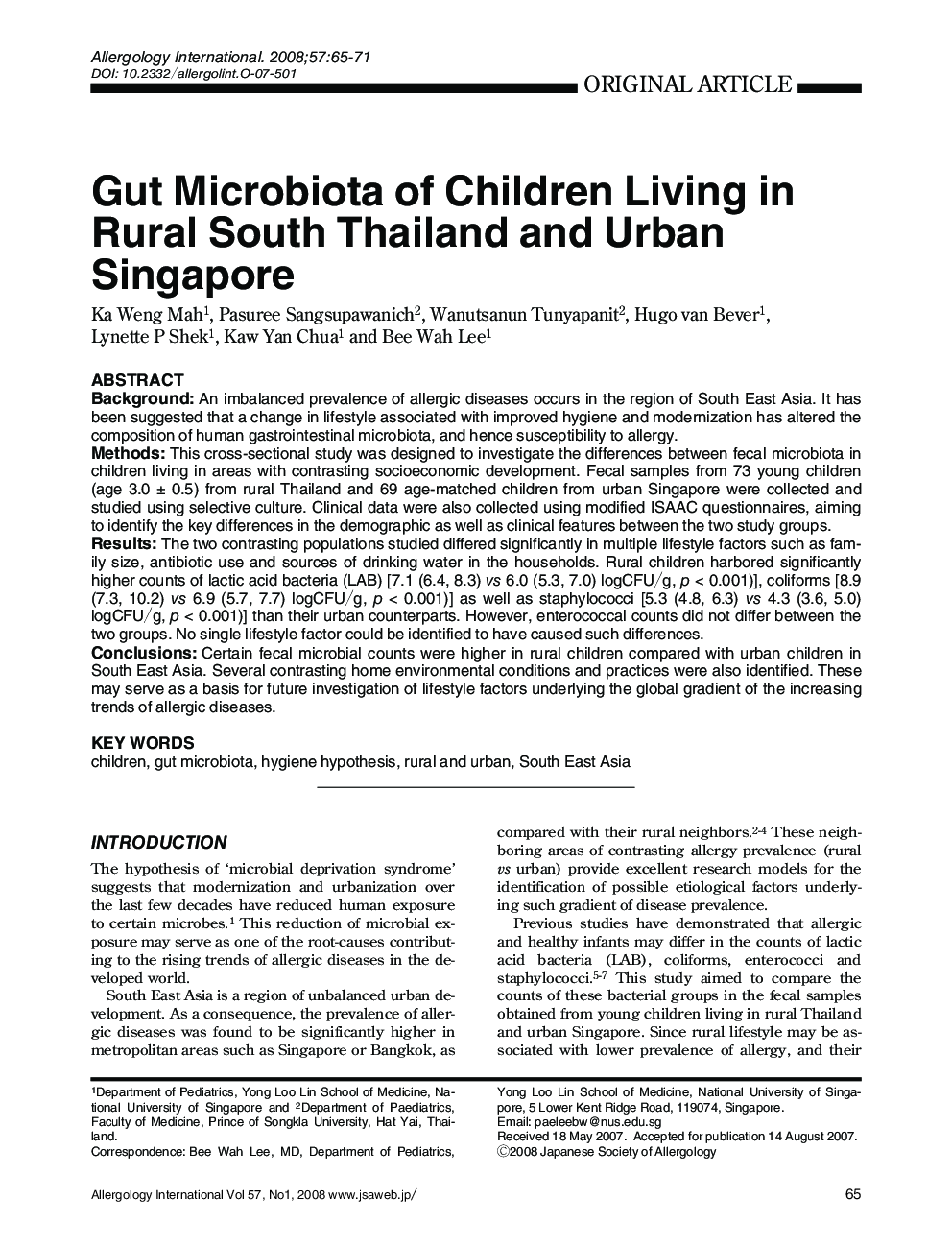 Gut Microbiota of Children Living in Rural South Thailand and Urban Singapore