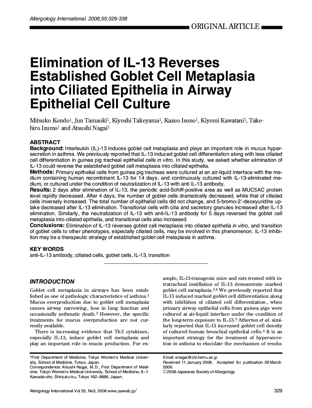 Elimination of IL-13 Reverses Established Goblet Cell Metaplasia into Ciliated Epithelia in Airway Epithelial Cell Culture