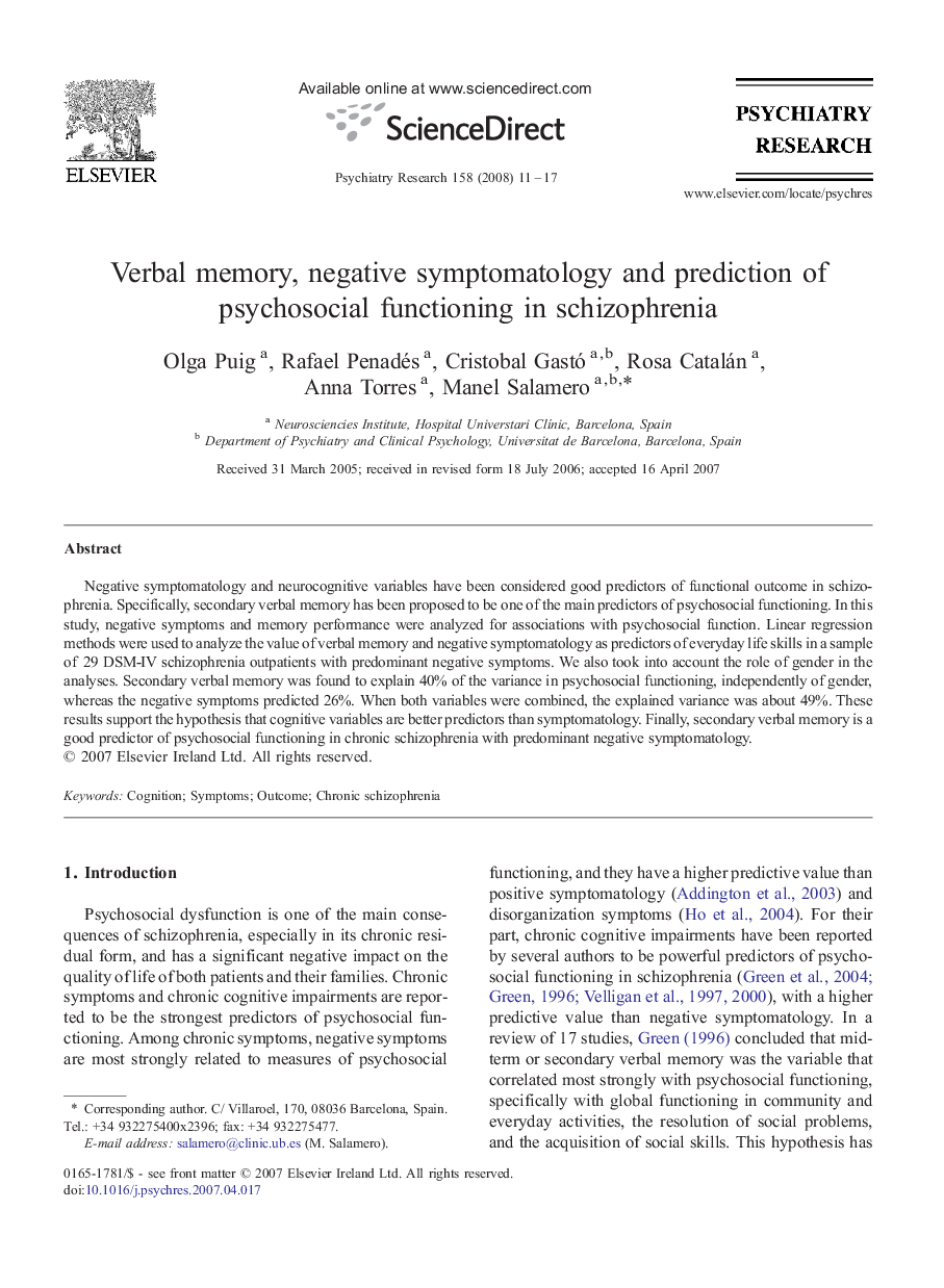 Verbal memory, negative symptomatology and prediction of psychosocial functioning in schizophrenia