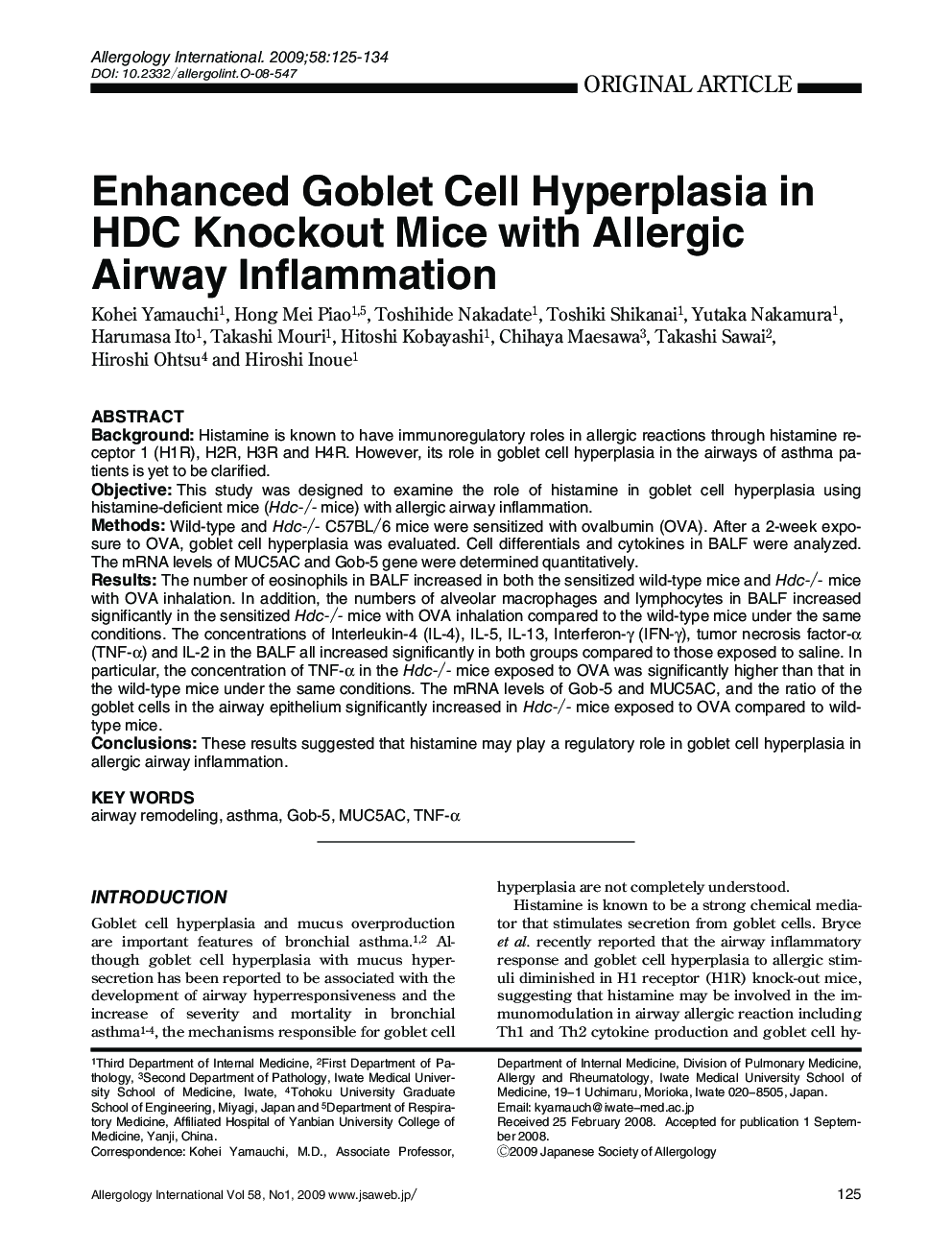 Enhanced Goblet Cell Hyperplasia in HDC Knockout Mice with Allergic Airway Inflammation