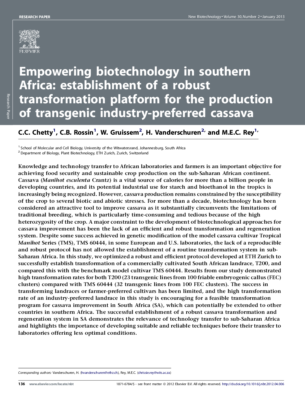عکس صفحه اول مقاله: Empowering biotechnology in southern Africa: establishment of a robust transformation platform for the production of transgenic industry-preferred cassava Empowering biotechnology in southern Africa: establishment of a robust transformation platform for the production of transgenic industry-preferred cassava