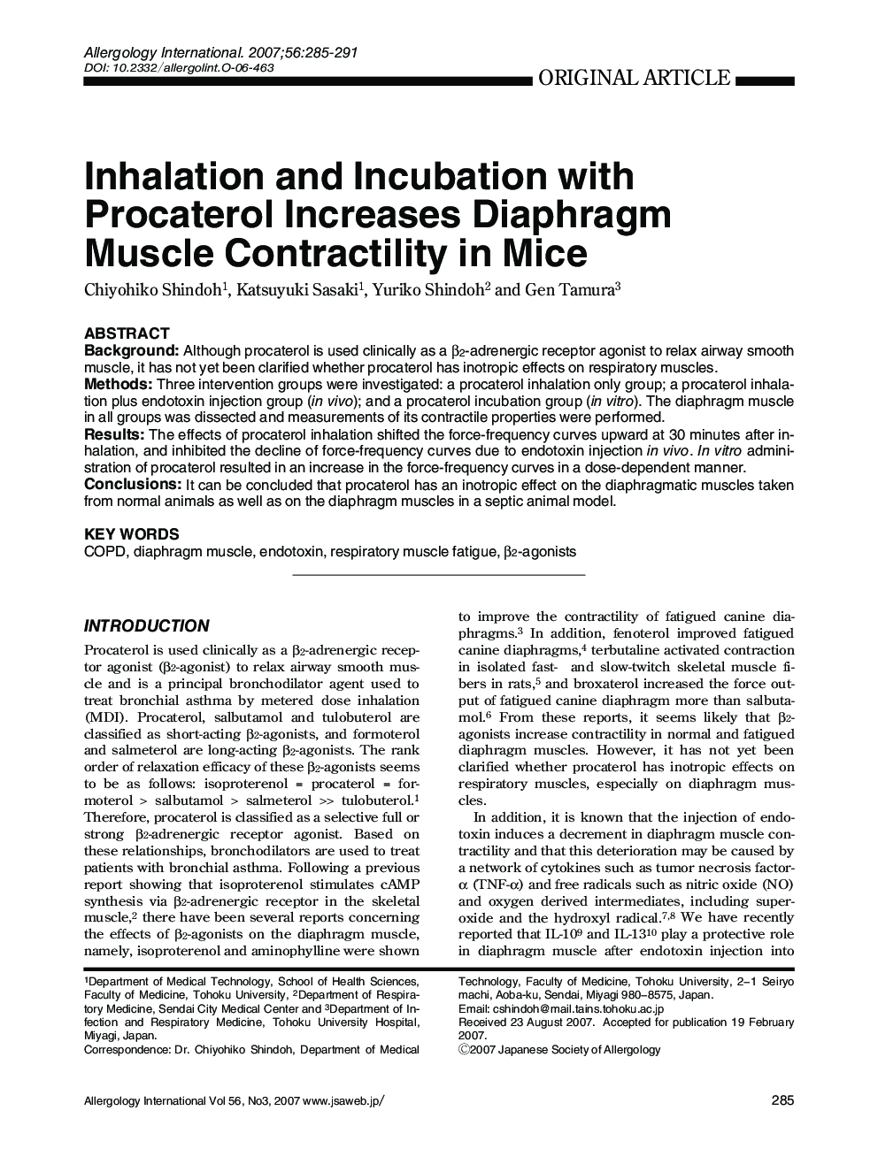 Inhalation and Incubation with Procaterol Increases Diaphragm Muscle Contractility in Mice