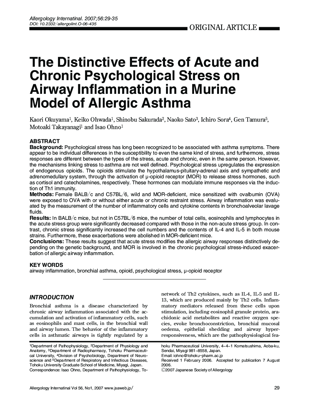 The Distinctive Effects of Acute and Chronic Psychological Stress on Airway Inflammation in a Murine Model of Allergic Asthma