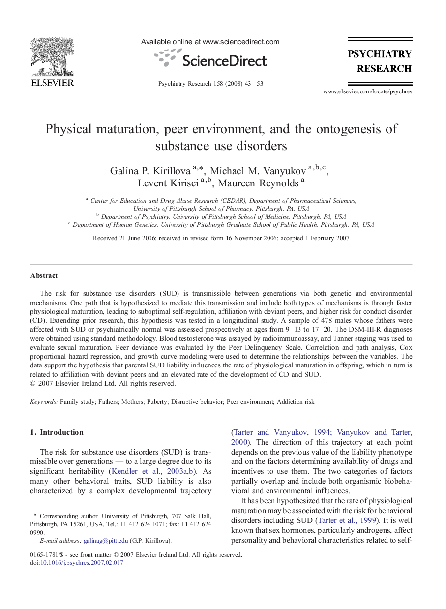 Physical maturation, peer environment, and the ontogenesis of substance use disorders