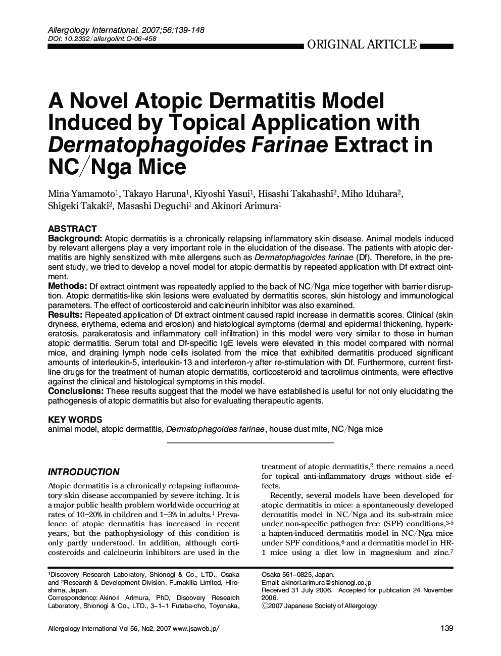 A Novel Atopic Dermatitis Model Induced by Topical Application with Dermatophagoides Farinae Extract in NC/Nga Mice