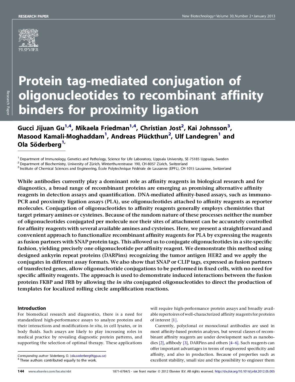 عکس صفحه اول مقاله: Protein tag-mediated conjugation of oligonucleotides to recombinant affinity binders for proximity ligation Protein tag-mediated conjugation of oligonucleotides to recombinant affinity binders for proximity ligation