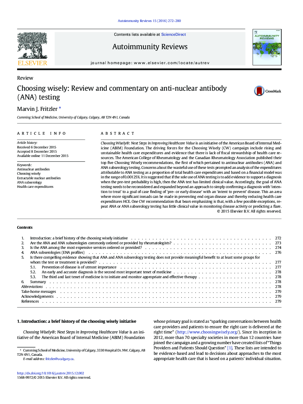 Choosing wisely: Review and commentary on anti-nuclear antibody (ANA) testing