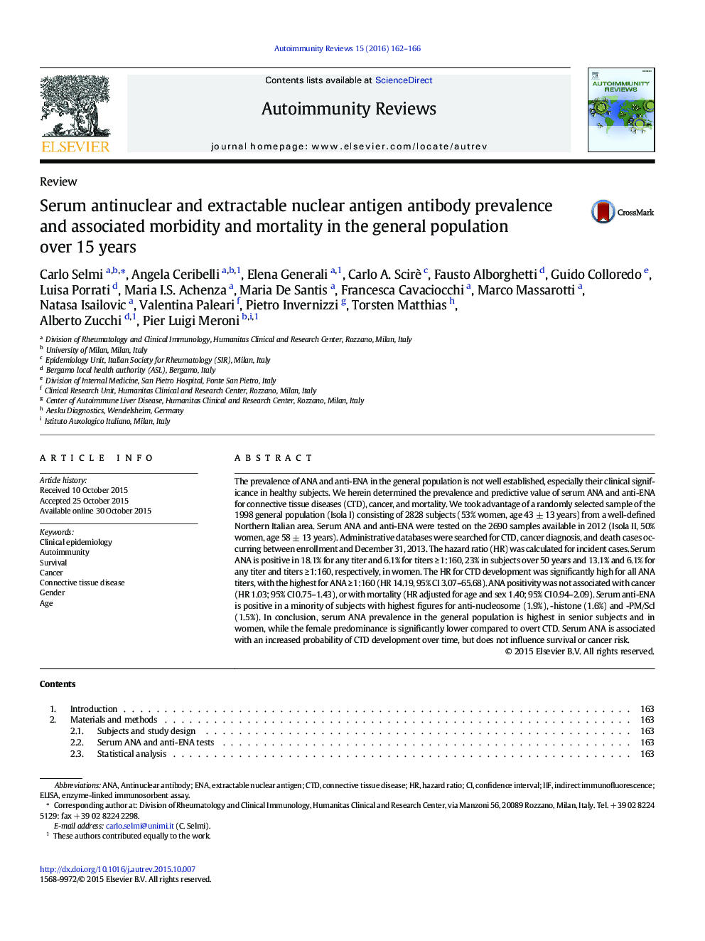 Serum antinuclear and extractable nuclear antigen antibody prevalence and associated morbidity and mortality in the general population over 15 years