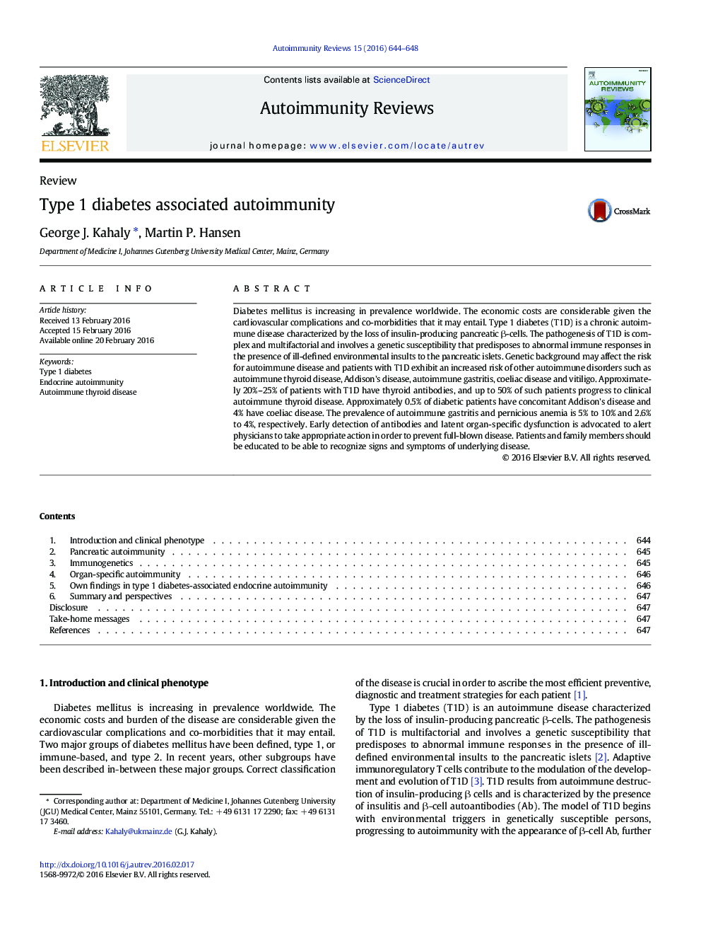 Type 1 diabetes associated autoimmunity