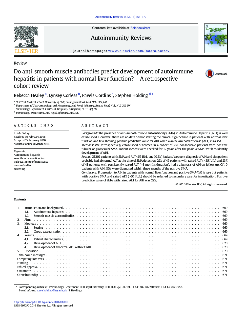 Do anti-smooth muscle antibodies predict development of autoimmune hepatitis in patients with normal liver function? – A retrospective cohort review