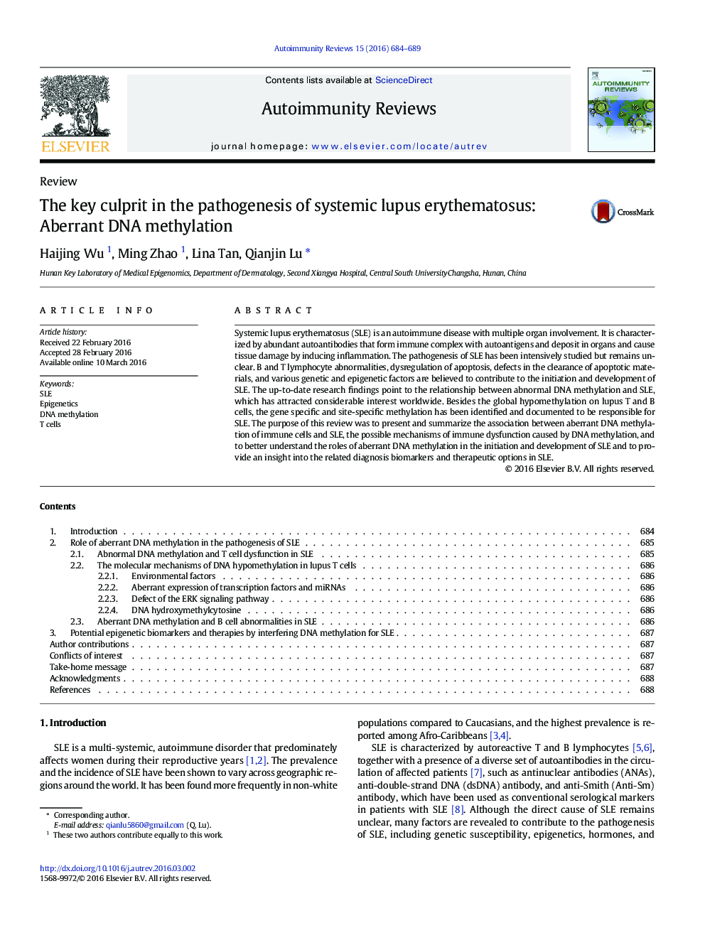 The key culprit in the pathogenesis of systemic lupus erythematosus: Aberrant DNA methylation