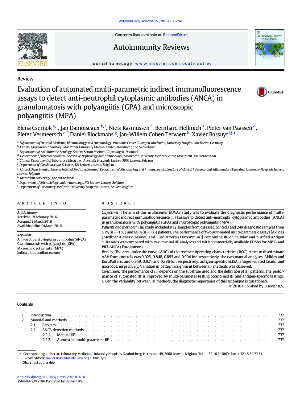 Evaluation of automated multi-parametric indirect immunofluorescence assays to detect anti-neutrophil cytoplasmic antibodies (ANCA) in granulomatosis with polyangiitis (GPA) and microscopic polyangiitis (MPA)