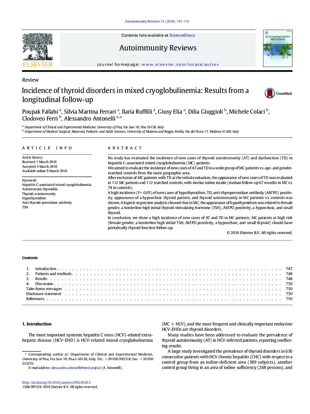 Incidence of thyroid disorders in mixed cryoglobulinemia: Results from a longitudinal follow-up